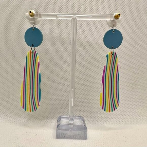 Boho Style Lightweight White Blue Soft Clay Statement Drop Earrings Stripes - Picture 11 of 12